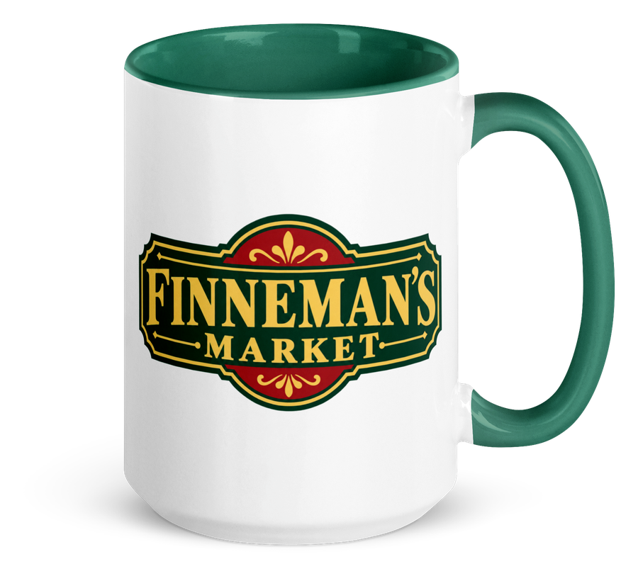 White Finneman's Market mug with green handle and interior